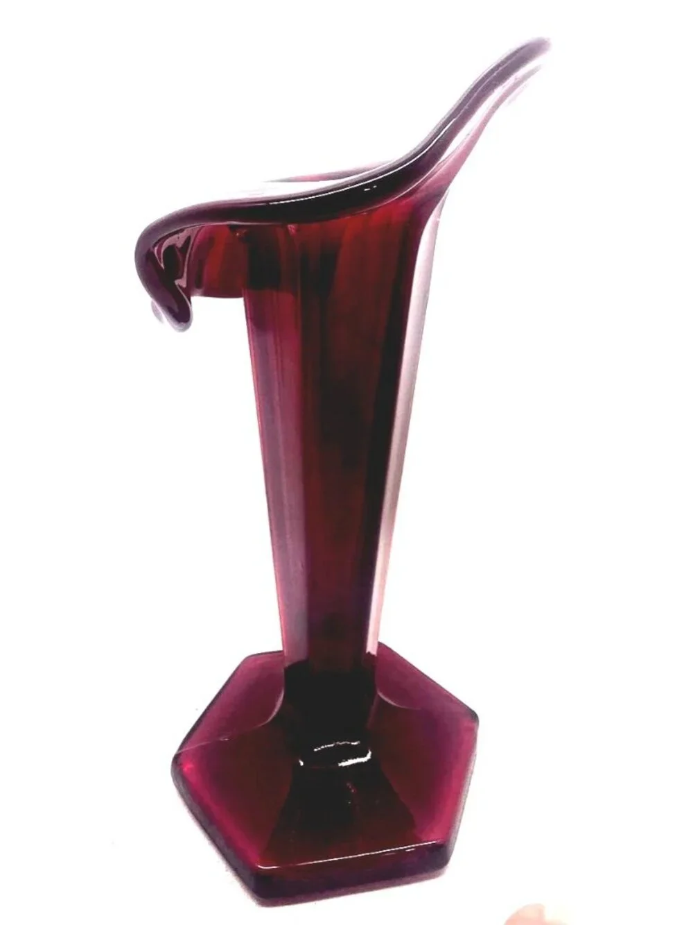 Vintage Ruby Red Glass Pedestal Vase with Flared Top & Hexagonal Base
